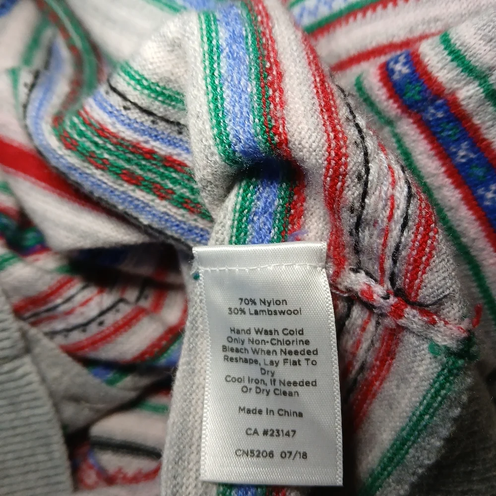 Talbots Red Blue Green Striped Crew Neck Nylon Lambswool Cardigan Large